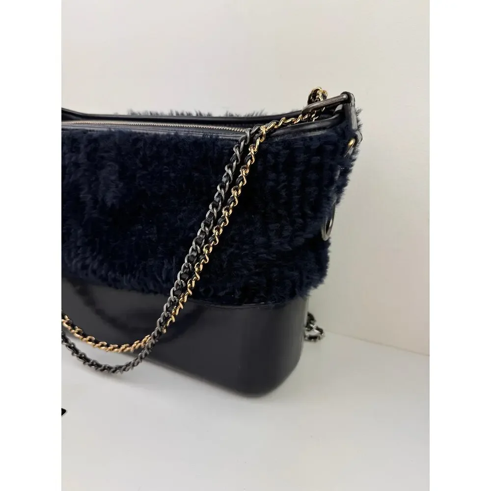 CHANEL Navy Blue Shearling Gabrielle Leather Chain Strap Crossbody Bag Medium
